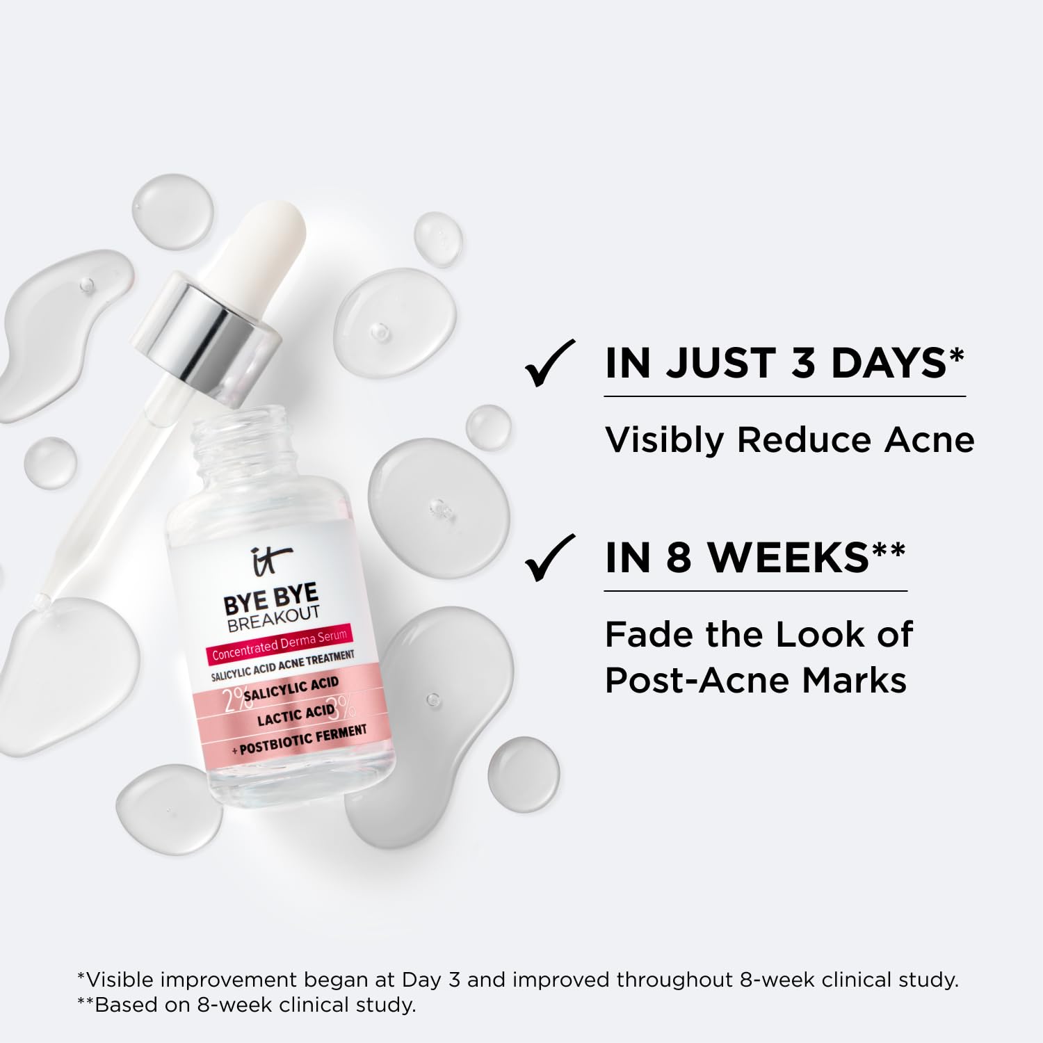 IT Cosmetics Bye Bye Breakout Acne Treatment Face Serum -With 2% Salicylic Acid & 3% Lactic Acid - Helps Reduce Pimples in 3 Days & Fades Look of Post-Acne Marks in 8 Weeks - 1 Fl. Oz